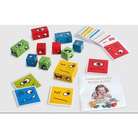 Wooden Expressions Matching Block Puzzles Building Cubes Toy Borad Games Educati - Picture 1 of 8